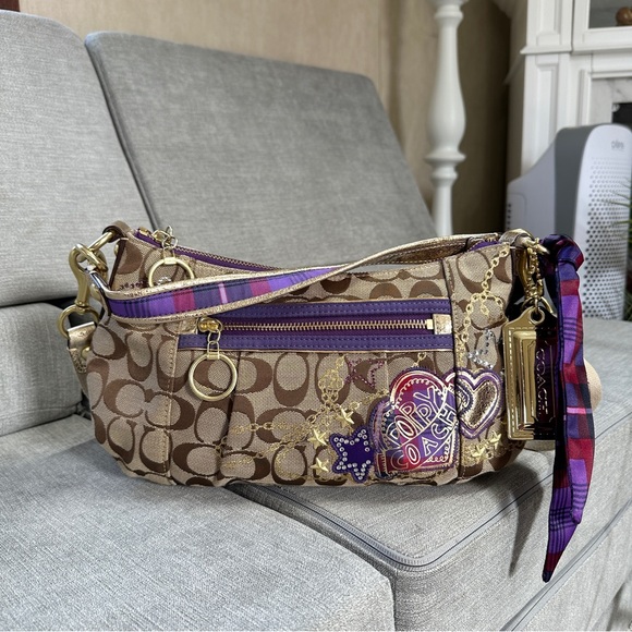 RARE Coach Poppy Tartan Applique Groovy Crossbody Shoulder Bag Brown Monogram - Picture 2 of 16